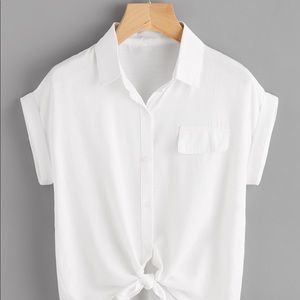 White rolled cuff knotted hem shirt